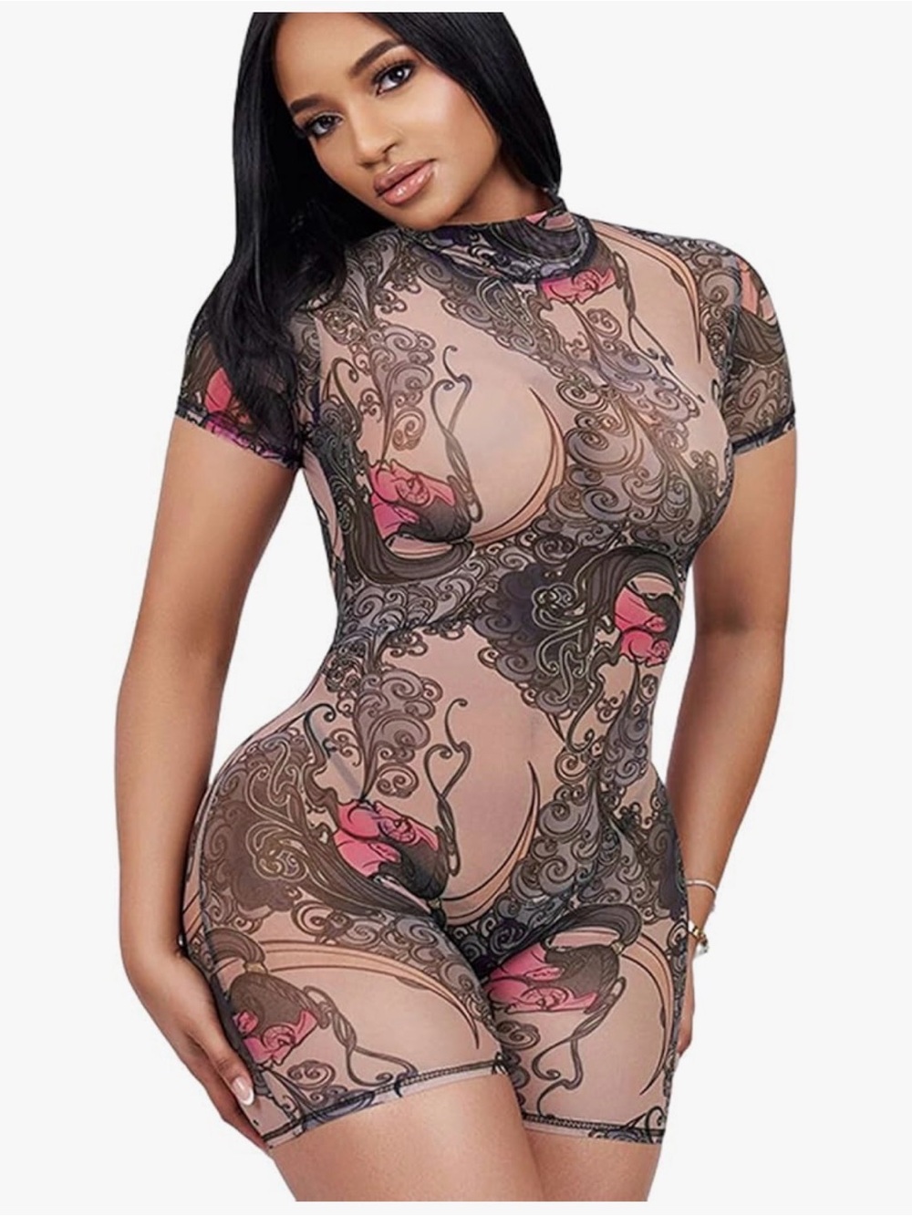 Sheer Printed Short Sleeve Romper in Nude with Black & Pink Design size M